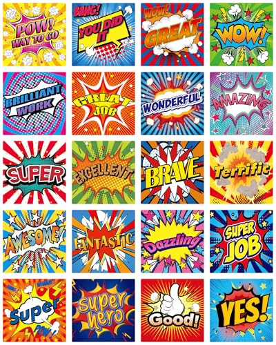 Stylish Reward Stickers for Kids - 400Pcs 1.3 Inch Superhero Motivational Teacher Stickers Inspirational Words Classroom Must Have for Stutents,Home Reward Chart and Behavior Chart (Comic Colorful)