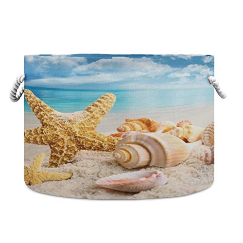 SUABO Large Storage Basket, Starfish and Seashells On The Beach Laundry Hamper Collapsible Hamper Bin with Handle, Laundry Baskets for Blanket Clothes Towels, 20X 20X 14 inches
