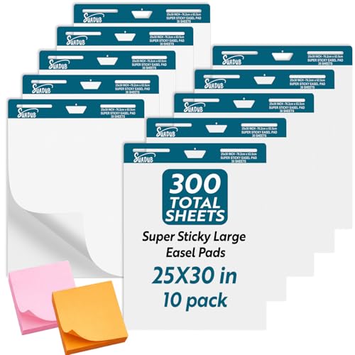 SUADUB Sticky Easel Pad - 25 x 30 Inches – Large Chart Paper for Teachers - Self Stick Easel Pad for Office Classroom - Resistant Easel Paper- 2 Little Bonus Sticky Notes - 30 Sheets/Pad,10 Pads