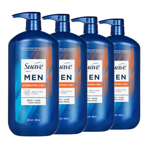 Suave Men Hydrating 3-in-1 Body + Hair + Face Wash with Glycerin & Vitamin E, Cleanse, Moisturize, Refresh, No Parabens or Pthalatates, Long-Lasting Fragrance, 30 FL OZ, 6 Count