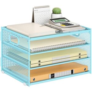 Subekyu Paper Letter Tray Organizer for Desk, Blue Metal Mesh Desk File Sorter Organizer with Handle and 2 Sliding Trays for Home Office School Supplies Organization