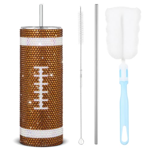 Suclain 20 oz Diamond Glitter Stainless Steel Tumbler with Lids Bling Cup Straws Brush Bling Rhinestone Football Design Water Bottle for Women Cheerleaders Sports Team Party Gift(Football)