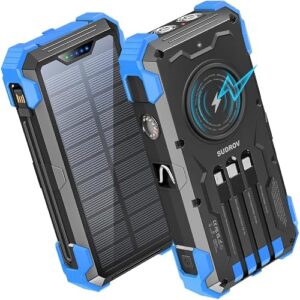 Sudrov Solar Charger Power Bank, 20000mAh Wireless Portable Charger with USB-C in/Output, QC3.0 Fast Charging 15W 4 Ports Outdoor Battery Pack Built-in LED Flashlight, for iPhone, Galaxy, iPad etc