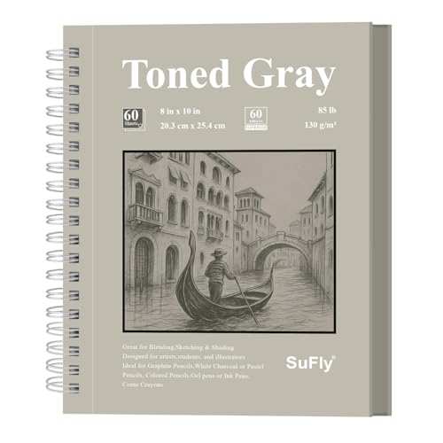 SuFly Toned Gray Sketch Book 8"x10" - 60 Sheets Spiral Bound Sketch Pad, 85lb/130gsm Art Paper for Graphite, Charcoal, Colored Pencils and Gel pens.