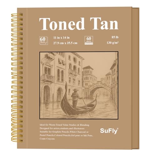 SuFly Toned Paper Sketch Book, 11x14 Inches, 60 Sheets - 90lb/150gsm Toned Tan Paper for Mixed Media, Charcoal, Graphite, Colored Pencils & White Gel Pens, 100% Recycled, Wire-O Bound.