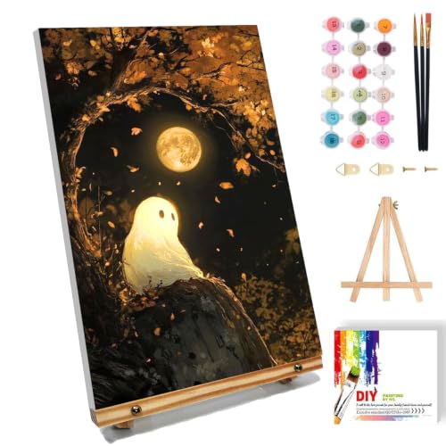 SUJINMEI Halloween Paint by Numbers Kit for Kids with Frame - Wooden Easel, Ghost Kids Paint by Numbers Ages 4 8 12, Easy Acrylic Oil Painting Kits for Gift Home Decoration 8x12 inch
