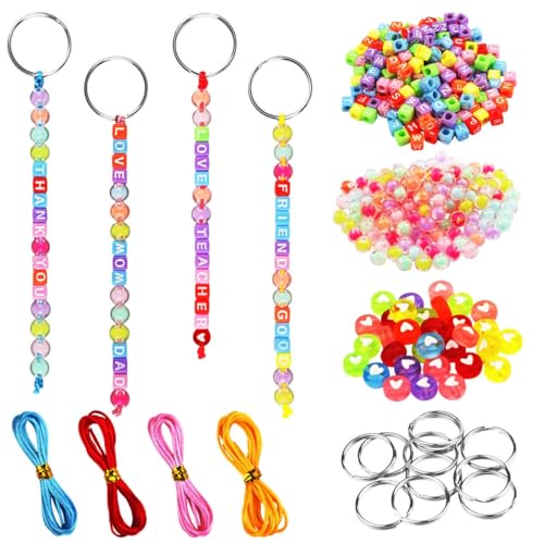 Sumalon 556 Pcs DIY Bead Keychain Making Crafts Kits, Colorful Adjustable Letter Alphabet Beads Keychain Strings, Bead Charms with Key Ring for Bag Charm Bracelets Key Ring Jewelry Making Party Favor