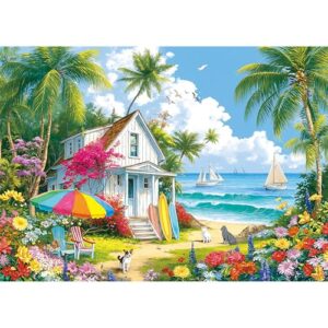 Summer Beach Puzzles 1000 Pieces for Adults, Colorful Artwork of A Beach Bungalow with Surfboards and Ocean Views Puzzles Adults, Perfectly Letter on Back No Dust, Challenging Matte Finish Puzzles