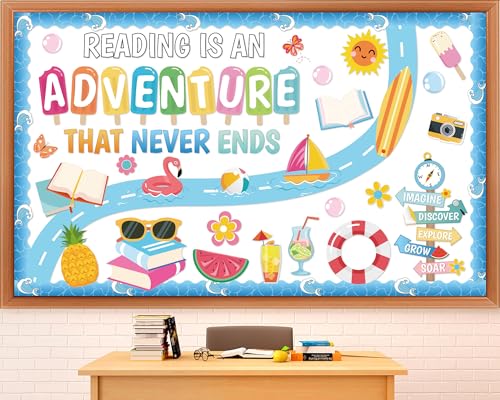 Summer Bulletin Board Decorations Set Reading is an Adventure June July Classroom Decorations Flamingo Books Paper Cutouts with Border for Summer VBS Back to School Library Home Chalkboard Wall Decor