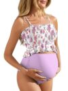 Summer Mae Maternity High Waist Swimsuit Ruffle Hem Bikini Bathing Suit Shirred Bandeau Two Piece Pregnancy Swimwear Dreamy Purple Flowers X-Large
