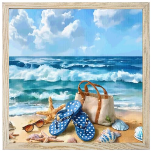 Summer Oceans Beaches Diamond Painting Kits for Adults Beginners 12x12 Inch, Watercolor Holidays Wave Slippers 5D Full Round Drill DIY Diamond Art Kit with Wooden Frame for Women Home Wall Decor Gift