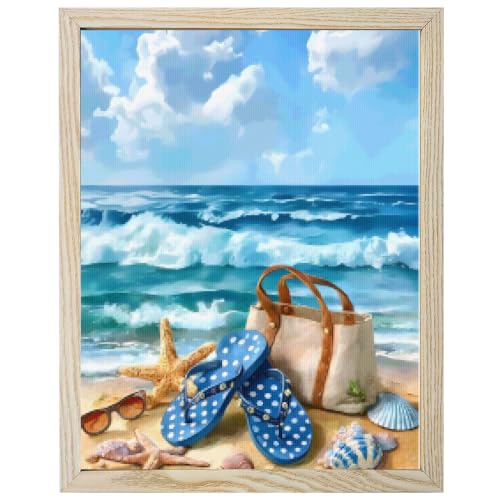 Summer Oceans Beaches Diamond Painting Kits for Adults Beginners 12x20 Inch, Watercolor Holidays Wave Slippers 5D Full Round Drill DIY Diamond Art Kit with Wooden Frame for Women Home Wall Decor Gift