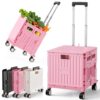 SUNALLY Folding Utility Cart Portable Rolling Crate Handcart Shopping Trolley with Lockable Wheels,Lid, Collapsible Tool Box for Grocery, Travel, Garden, Shop, Office, Luggage, Teacher, Pink