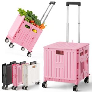 SUNALLY Folding Utility Cart Portable Rolling Crate Handcart Shopping Trolley with Lockable Wheels,Lid, Collapsible Tool Box for Grocery, Travel, Garden, Shop, Office, Luggage, Teacher, Pink