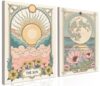 Sun and Moon Celestial Wall Art Set of 2, Vintage Tarot Astrology Wall Decor, Sun Flower and Full Moon Lotus Poster Canvas Painting Prints Picture for Bedroom Living Room 12x16 inch Framed