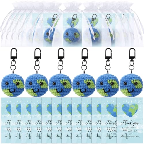 Suncalla 15 Sets Back to School Inspirational Gift Bulk Mini Handmade Crochet Stress Ball Earth Keychain with Thank You Cards Employee Appreciation Gift for Office Volunteer Teacher Nurse