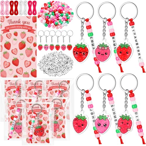 Suncalla 996 Pcs 24 Set Strawberry Keychain Making Kit DIY Summer Key Chain Crafts Bead Adjustable Letter Beads Cards Strings Kit Gift Backpack Accessories First Birthday Party Favors