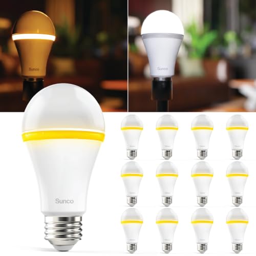 Sunco A19 Warm Light Bulbs 12 Pack LED Night Light Bulb, 5000K Daylight & 2000K Amber Glow, 800Lumens, 80Lm Nightlight, Sleep Light Bulb for Bedroom Lamps, Warm Yellow Light Bulbs, Dimmable, E26, UL