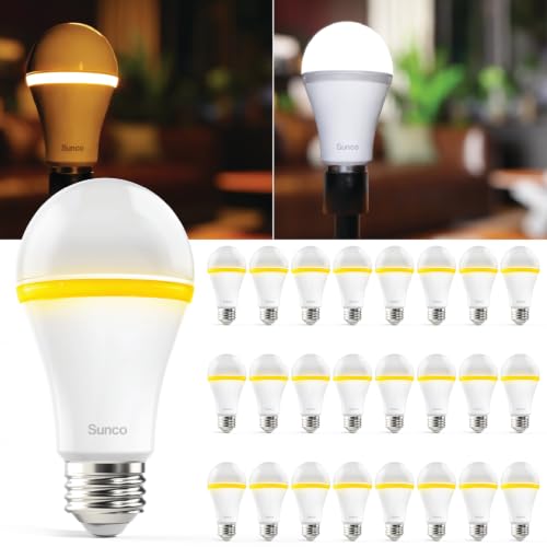 Sunco A19 Warm Light Bulbs 24 Pack LED Night Light Bulb, 5000K Daylight & 2000K Amber Glow, 800Lumens, 80Lm Nightlight, Sleep Light Bulb for Bedroom Lamps, Warm Yellow Light Bulbs, Dimmable, E26, UL