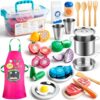 Sundaymot Play Kitchen Accessories Toys with Wooden Play Food & Stainless Steel Pots – Kids Kitchen Playset with Cutting Play Food, Apron & Storage Box for Toddlers Ages 3-5, Pretend Kitchen Gift