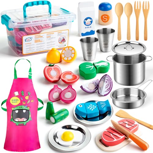 Sundaymot Play Kitchen Accessories Toys with Wooden Play Food & Stainless Steel Pots – Kids Kitchen Playset with Cutting Play Food, Apron & Storage Box for Toddlers Ages 3-5, Pretend Kitchen Gift