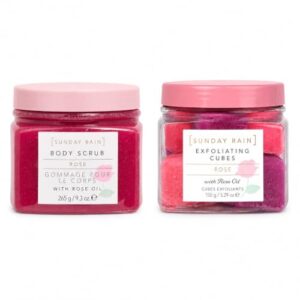 Sunday Rain Kit by Sunday Rain for Unisex - 2 Pc Kit 9.3oz Body Scrub - Rose, 5.29oz Exfoliating Cubes - Rose