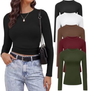 Sundwudu 5 Pack Womens Long Sleeve Shirts Basic Crop Top Fitted Underscrub
