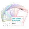 SUNEE 35 Packs Oversized Reusable Dry Erase Pocket Sleeves with 2 Rings, 10 Morandi Colors 10x14 Ticket Holders, Clear Plastic Sheet Protectors, Teacher School Classroom Supplies