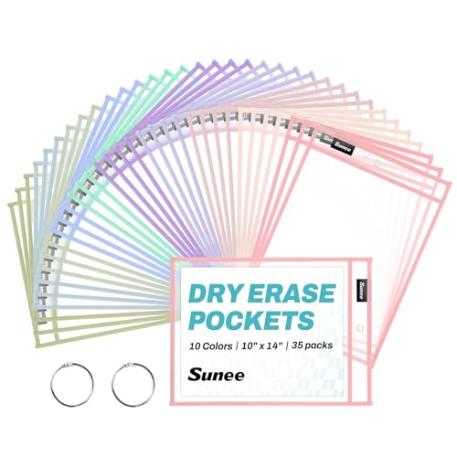 SUNEE 35 Packs Oversized Reusable Dry Erase Pocket Sleeves with 2 Rings, 10 Morandi Colors 10x14 Ticket Holders, Clear Plastic Sheet Protectors, Teacher School Classroom Supplies