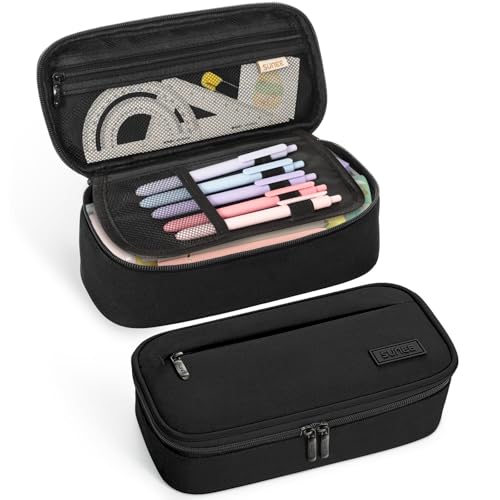 SUNEE Cute Pencil Case, Large Capacity Pencil Pouch, Big Storage Organizer for Stationery, Zipper Pen Bag, Back to School Supplies, Office Organizer Makeup Bag, for Teen Girl Boy Men Women, Black