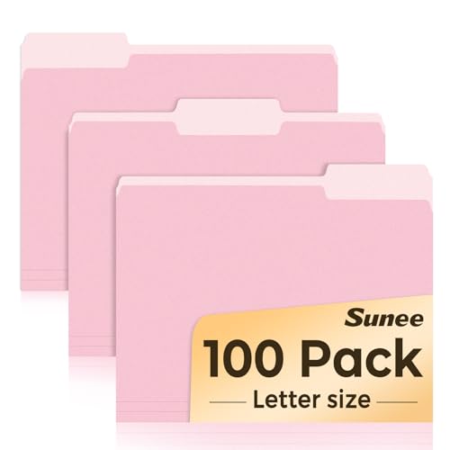 SUNEE File Folders Letter Size Pink, 100 Pack Manilla Folders 8.5 x 11 1/3-Cut Tabs, Colored File Folders Office Home School for Documents Files Paper