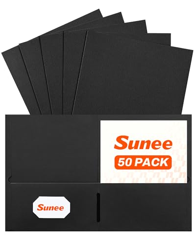 SUNEE Folders with Pockets, 50 Pack File Folders with Business Card Slot, Textured Paper, Fit Letter Size Paper, Paper File Folder for School Office Home Business, Black