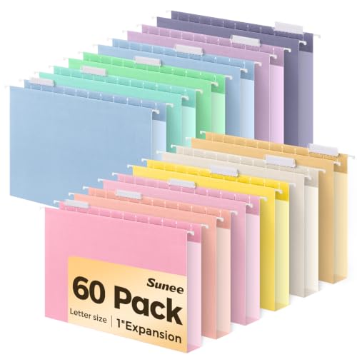 SUNEE Hanging File Folders Extra Capacity Macaron Colors, 60 Pack Letter Size File Folders with 1/5-cut Tabs, Heavy Duty 1 Inch Expansion, Stay Organized for Your Home and Office Bulk File