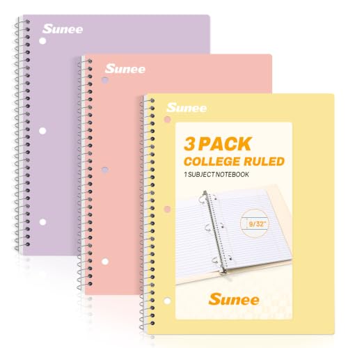 SUNEE Spiral Notebooks, 3 Pack, 1-Subject, College Ruled Paper, 8" x 10-1/2", 70 Sheets per Notebook, Pastel Colors Spiral Notebooks for School