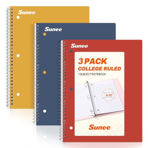 SUNEE Spiral Notebooks, 3 Pack, 1-Subject, College Ruled Paper, 8" x 10-1/2", 70 Sheets per Notebook, Assorted Colors Spiral Notebooks for School (Brick Red, Blue, Yellow)