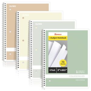 SUNEE Spiral Notebooks College Ruled, 1-Subject, 4 Pack, 8 x 10-1/2 inch, 70 Sheets per Notebook, 3-Hole Punched Paper, Green, Grey, Beige, Red for Work, Home & School, Writing Journal