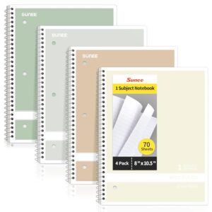 SUNEE Spiral Notebooks Wide Ruled, 1-Subject, 4 Pack, 8 x 10-1/2 inch, 70 Sheets, 3-Hole Punched 70gsm Paper, Green, Grey, Beige, Red for Work, Home & School, Writing Journal