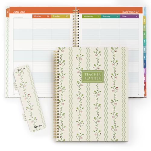 SUNEE Teacher Planner 2026-2027 Academic Year, 7 Periods Lesson Plan Book Jul 2026 - Jun 2027, 8.5"x11" Daily Weekly Monthly Organizers Vertical Layout with Bookmark, Waterproof Cover, Floral Stripes
