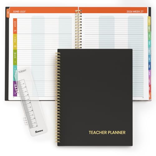 SUNEE Teacher Planner 2026-2027 Academic Year, 8 Periods Lesson Plan Book Jul 2026 - Jun 2027, 8.5"x11" Weekly Monthly Organizers Horizontal Layout with Calendars, Bookmark, Flexible PVC Cover, Black