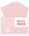 SUNEE Two Pocket Folders, 25 Pack File Folders with Business Card Slot, Textured Paper, Fit Letter Size Paper, Paper File Folder for School Office Home Business, Pink