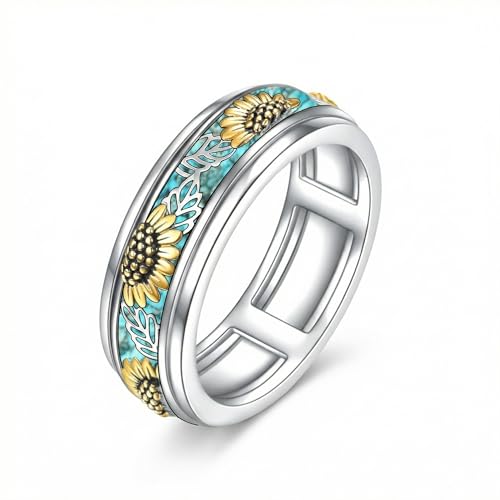 Sunflower Fidget Anxiety Rings 18k White Gold Plated Turquoise Sunflower Rotatable Spinning Rings for Women You Are My Sunshine Relieve Stress Birthday Jewelry Gift for Women Mothers-Size 11