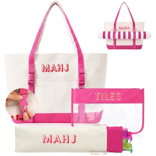 Sunnymove 3 Pcs Empty Mahjong Bags Set for Tiles and Racks Canvas Mahjong Carry Tote Bag Embroidered American Mah Jong Set Incl Tile Bag and Racks & Pushers Drawstring Bags(Pink,Buckle)