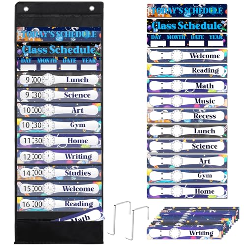 Sunnymove Daily Schedule Pocket Chart For Classroom Decor With 13+1 Pockets And 42 Designed Schedule Cards, Teacher Supplies For Preschool Classroom Home Office Back To School Decorations(Starry sky)