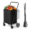 SUPER DEAL Folding Shopping Cart with Waterproof Liner, 360° Rolling Swivel Wheels and Double Basket for Groceries Laundry Book Luggage Travel, Black