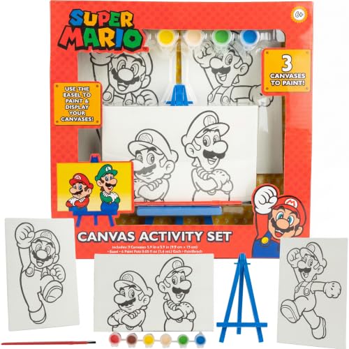 Super Mario Canvas Painting Kit for Kids, 3 Preprinted Mini Canvases for Painting, Easel, 6 Paint Pots and Brush, Acrylic Paint Set for Children