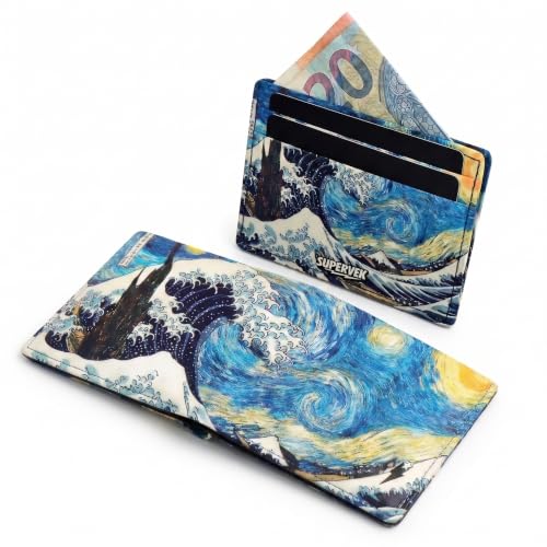 SUPERVEK Starry Wave Tyvek Wallet Bundle – Classic Stitched Wallet and Ultra-Thin Cardholder Set (Starry Night & Great Wave Fine Art Mashup)