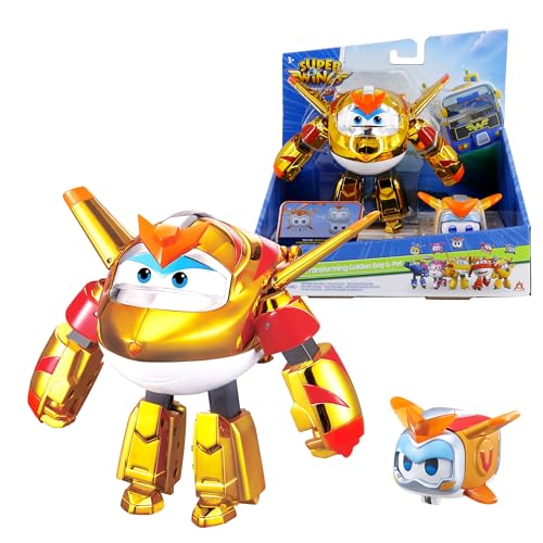 Super Wings 5" Transforming 2-Pack Supercharged Golden Boy & Super Pet with Light Effect, Season 7 Airplane to Robot Transformable Toys, Preschool Birthday Gifts for Kids 3+