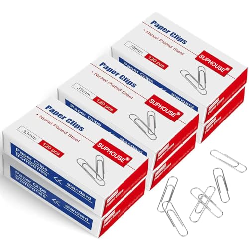 SUPHOUSE Paper Clips Medium Size Paperclips #1 Nonskid, 1-2/7 Inch Paper Clips for Office & School, Personal Use, 720 Count (6 Boxes of 120), Silver