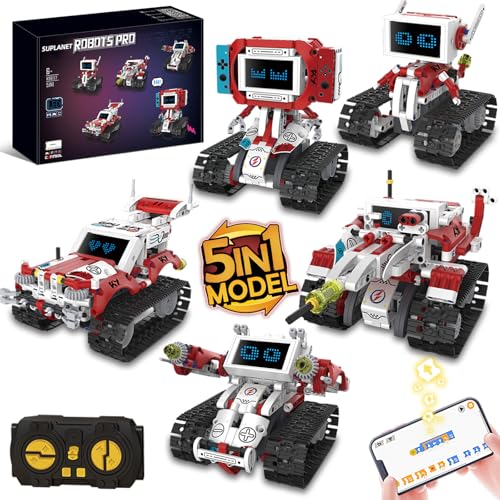Suplanet 5 in 1 Robot Building Blocks Set, APP & Remote Control Programmable STEM Toy with Dynamic LED Eyes, Articulated Head & Arms, Educational Building Blocks Gift for Boys Girls 8-16, 358PCS