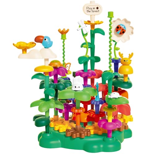 supuzz Rotating Garden Building Blocks STEM Toys for Kids Ages 3-5, 74 PCS Educational Construction Kit with Gears, Animal Figures & Baseplate, Preschool Learning (Forest Series L2)